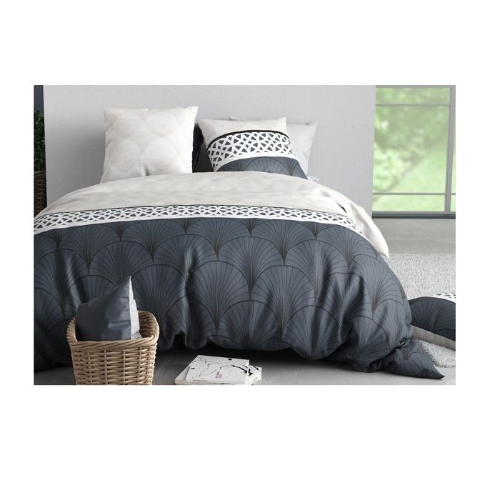 Parure De Lit - Eventails Graphique - 260x240 Cm - 100% Coton - Lavable À 40°C