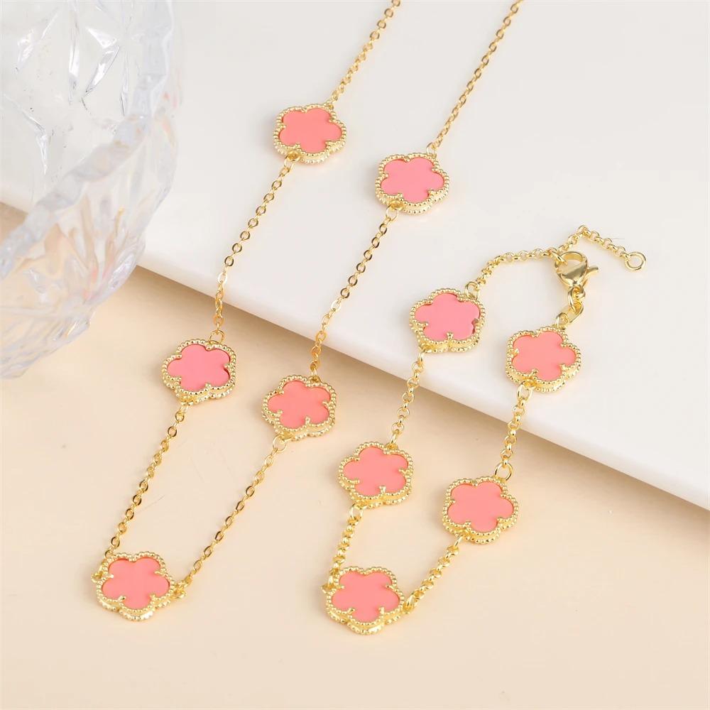 2024 Hot Sale 10 Colors Five-Leaf Flower Set Bracelet Necklace Classic Simple Women Zircon Set Suitable For Daily Party Wear