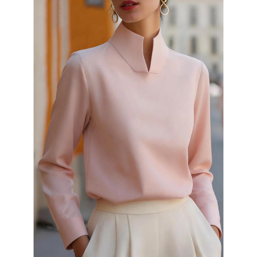 VEZFAA Women's Fashion Casual Spring Autumn Solid Color Print Long Sleeve High Neck Blouses & Shirts