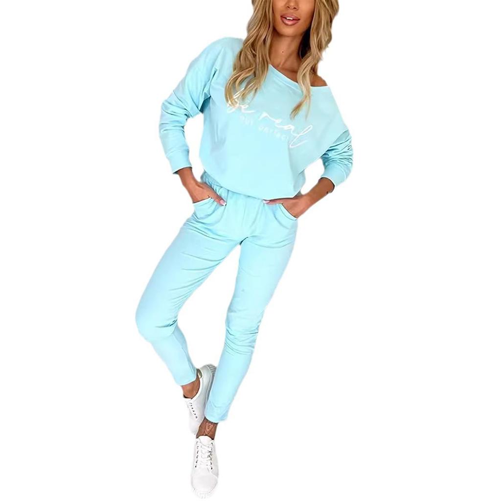 2024 Jesień Europejski i Amerykański Damski Nowy Zestaw Top z Długim Rękawem i Spodnie z Nadrukiem