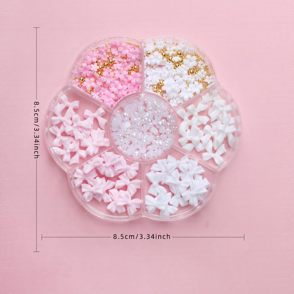1 Box 3D Blumen Schleife Nagelkunst Dekorationen Set Rosa/Weiß Acryl Floral/Perlen Nagel Charm mit Wachsstift/Pinzette 4/6mm Nagelteil