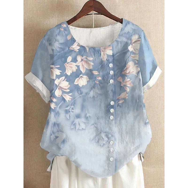 

Short Sleeve Loose Summer Printed Women Blouse Fashion O Neck Floral Sweet Shirt Casual Simple Tops Thin Basic Large Size Clothing S
