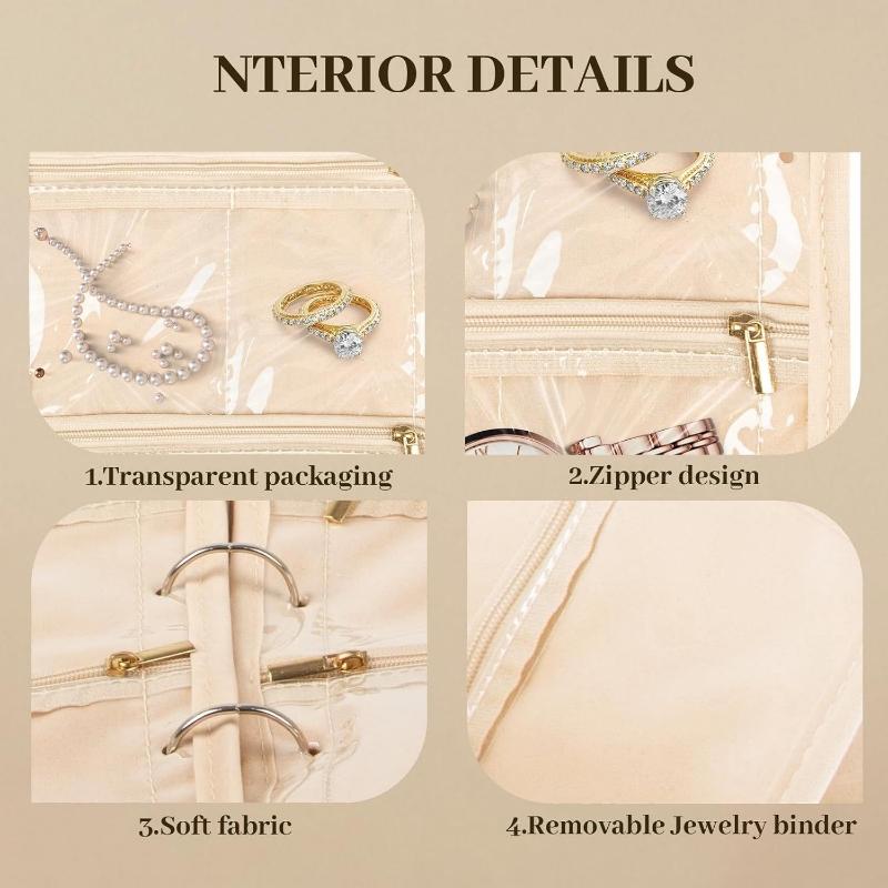 Travel Jewelry Organizer Bag Transparent Zippered Velvet Pouch Earring Ring Necklace Storage Case with Detachable Pages