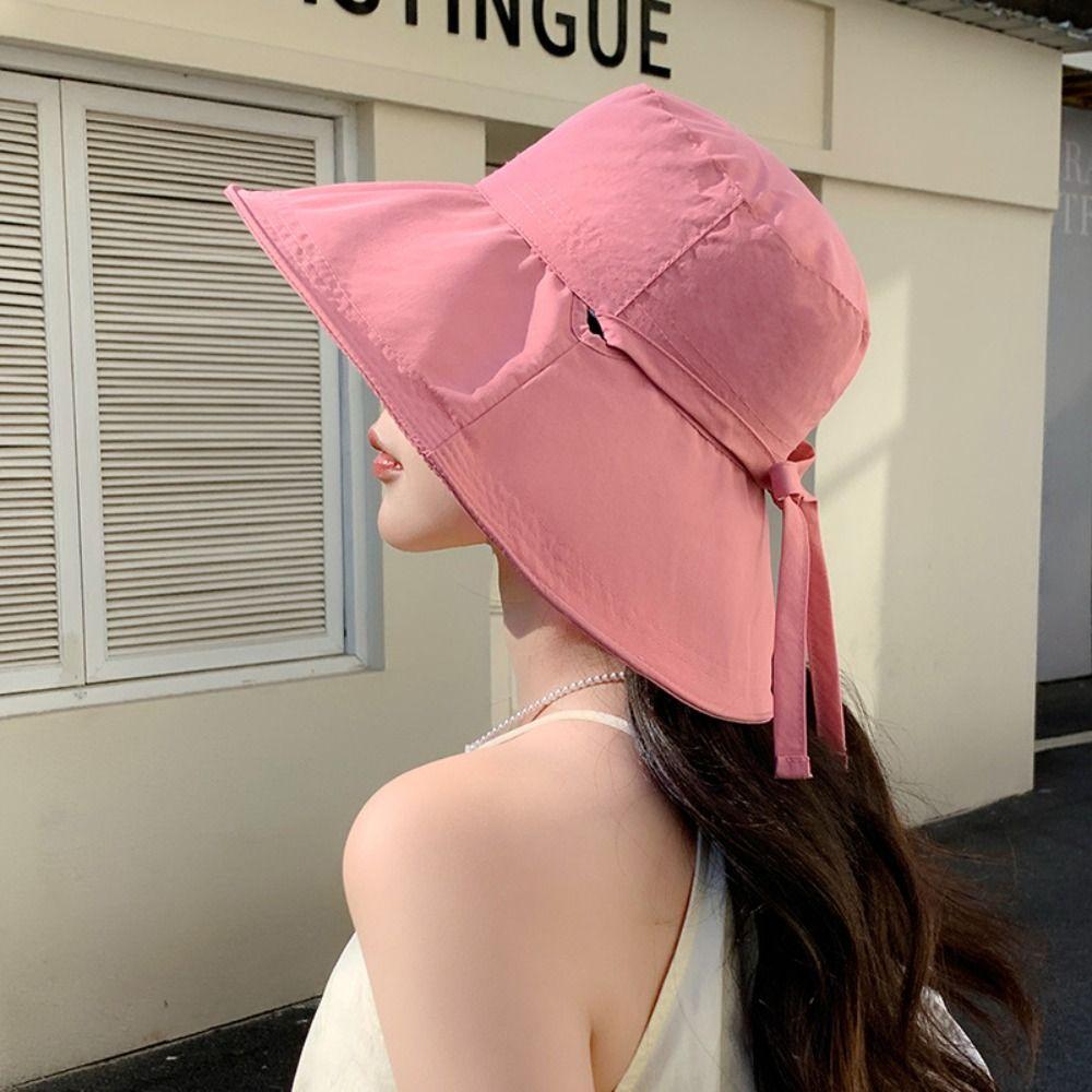 Solid Color Summer Sun Hat Lace Up Bucket Hat Fashion Sunshade Hat  Travel