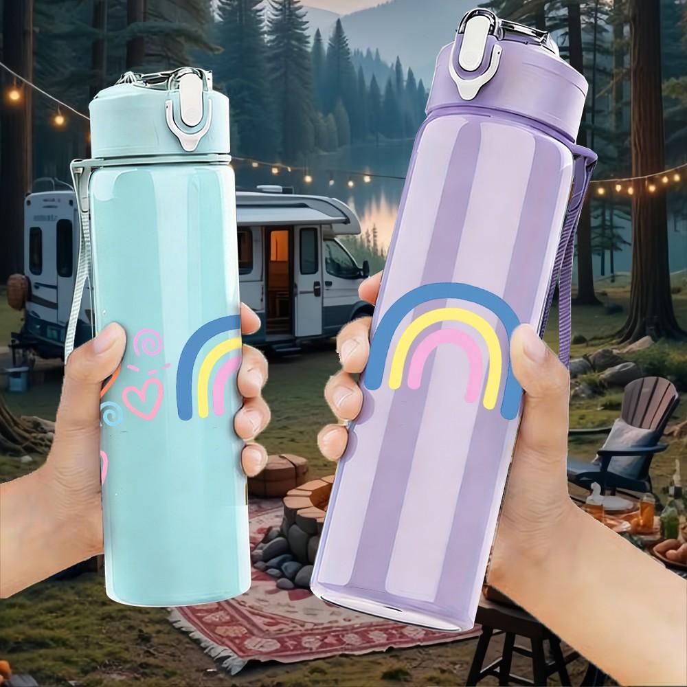 1PC Rainbow Cloud Pastel Cute Print 750ml Color Plastic Sports Water Bottle Leakproof Flip Straw Lid Suitable for Sports Office Home Use