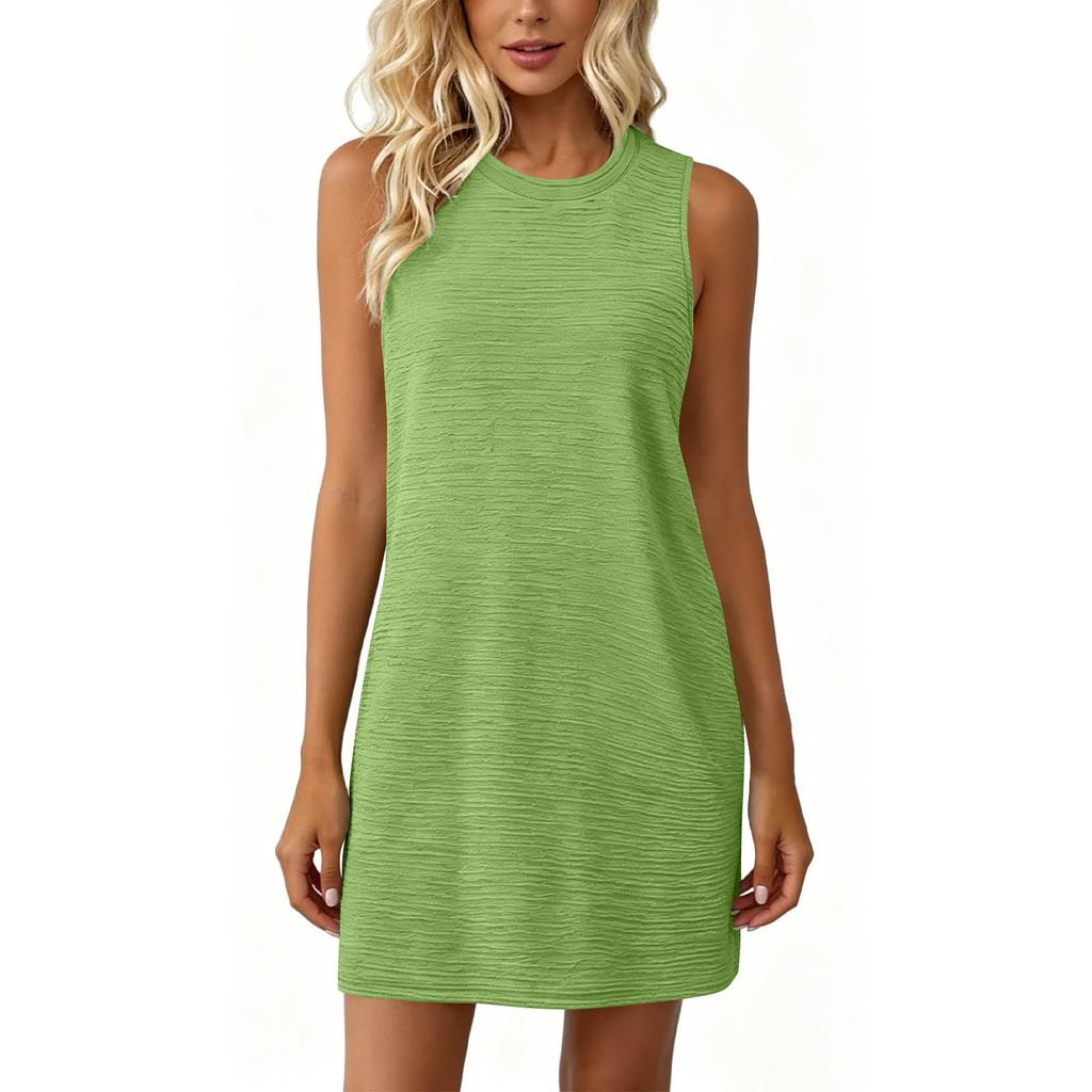 Sleeveless Casual Dress Women Summer Round Neck Solid Color Side Pocket Relaxed Fit Mini Dress