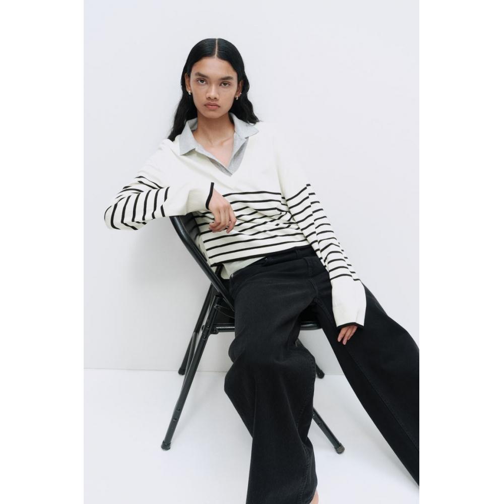 

H M Fine knit V neck sweater white black stripe