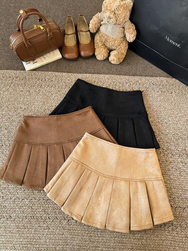 

Suede Solid Color Pleated Mini Skirt for Women - Autumn/Winter, Anti-Exposure, Slimming, Versatile Niche Style Large