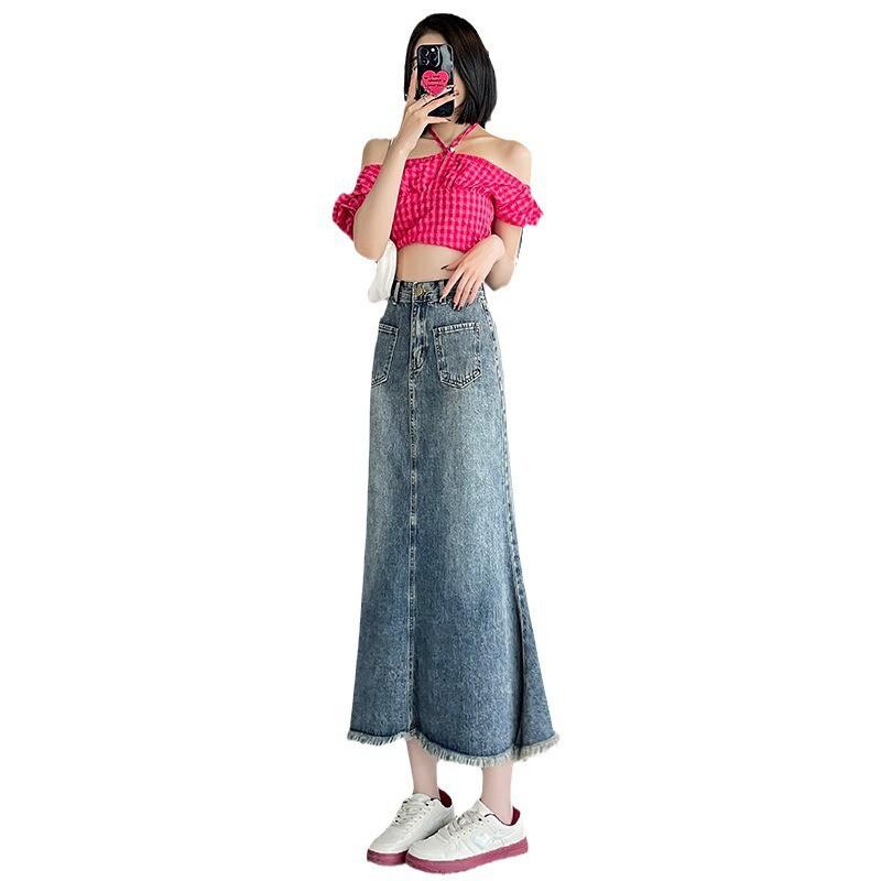 Womens Denim Midi Skirt A-Line Plus Size High Waist Fish Tail Pear Shape Body Casual Office Wear
