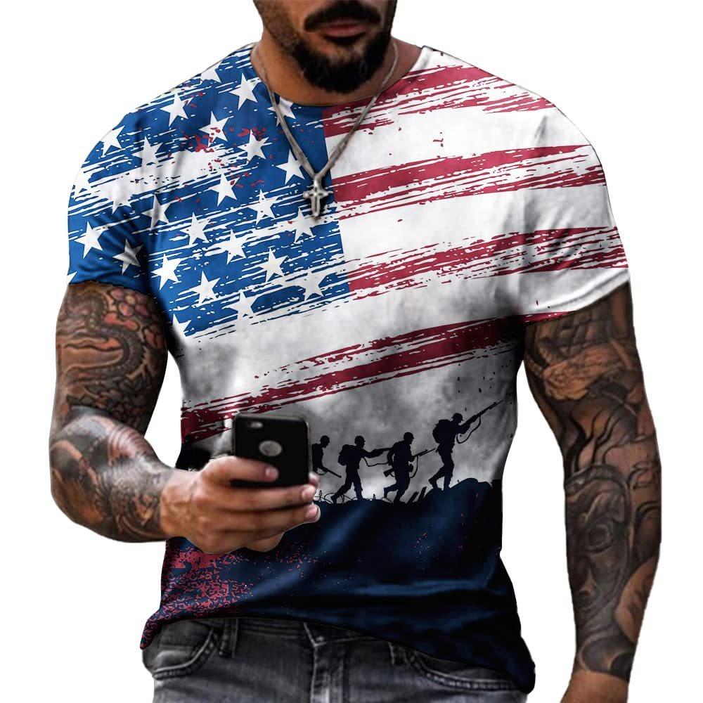 American Flag Pattern 3D Digital Printing Men's Fashionable Round Neck Short Sleeved T-shirt