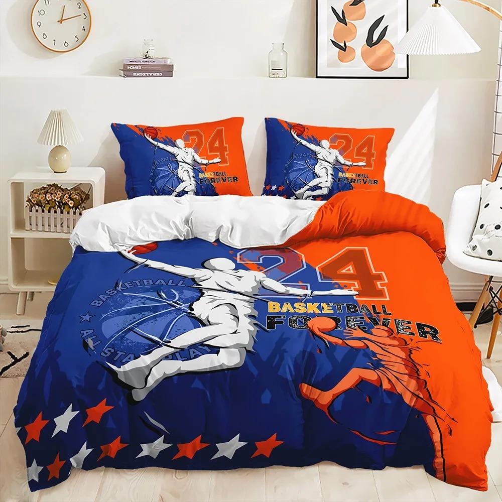 Cool Flame Basketball Player Pattern Bedding Set 2/3Pcs, 3D Digital Print Sports Duvet Cover Kit for Kids Young Men Bedroom Deco