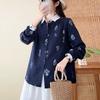 New Japanese simple casual style double-layer cotton yarn pure cotton shirt women's loose and thin retro printed long-sleeved shirt