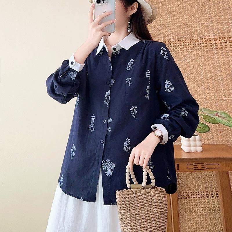 New Japanese simple casual style double-layer cotton yarn pure cotton shirt women's loose and thin retro printed long-sleeved shirt