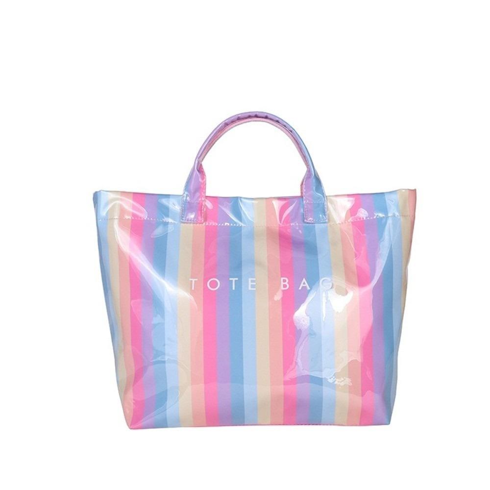 Large Capacity Striped Tote Bag Colorful Shoulder Bag Multi-Functional PVC Handbag Daily