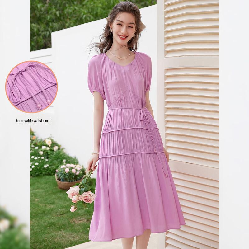 French V-Neck Pleated Maxi Dress L