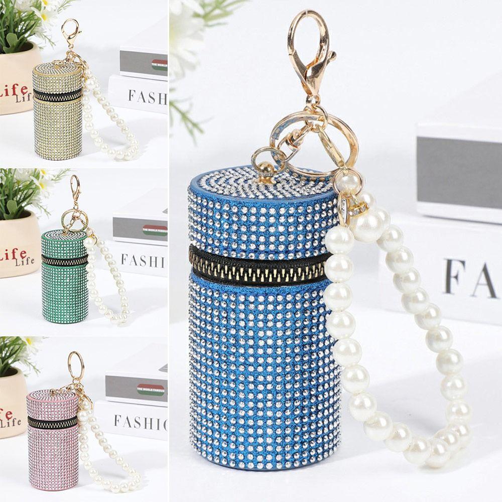 Simple Rhinestone Lipstick Bag Zipper with Keychain Coin Purse Mini Cylindrical Coin Bag