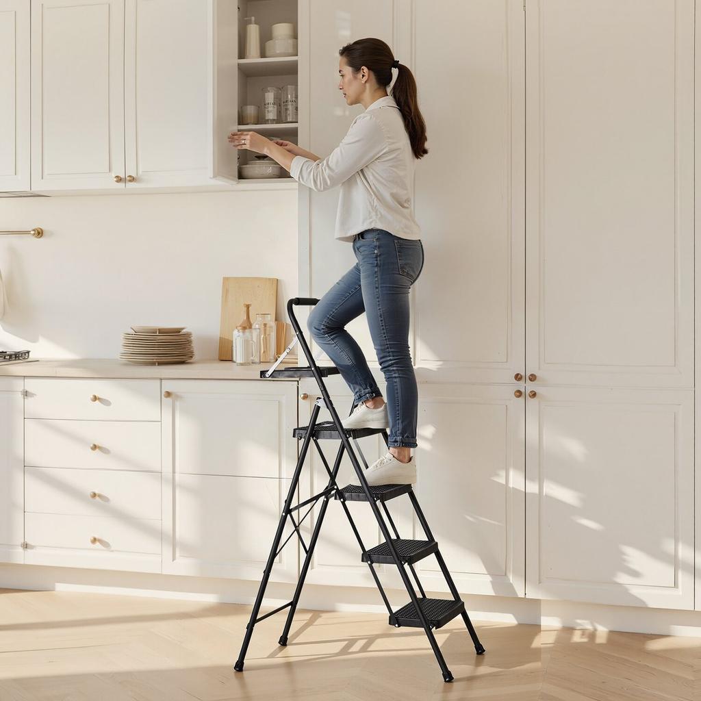 Échelle à 4 marches, Marchepied pliant avec large pédale antidérapante, Plateau à outils, Poignée de confort, Capacité de 272 kg, Échelle portable en acier, Multi-usage pour