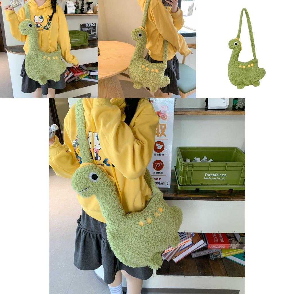 Cartoon Dinosaur Plush Bag For Girls Soft Toy Shoulder Wallet With Zipper Closure