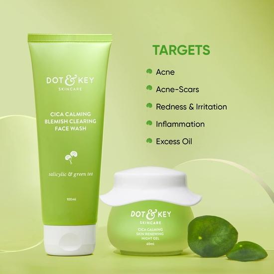 Dot & Key Cica Niacinamide Skincare Combo | Night Gel 60 ml, Face Wash 100 ml | Do skóry tłustej i trądzikowej | Dla kobiet i mężczyzn