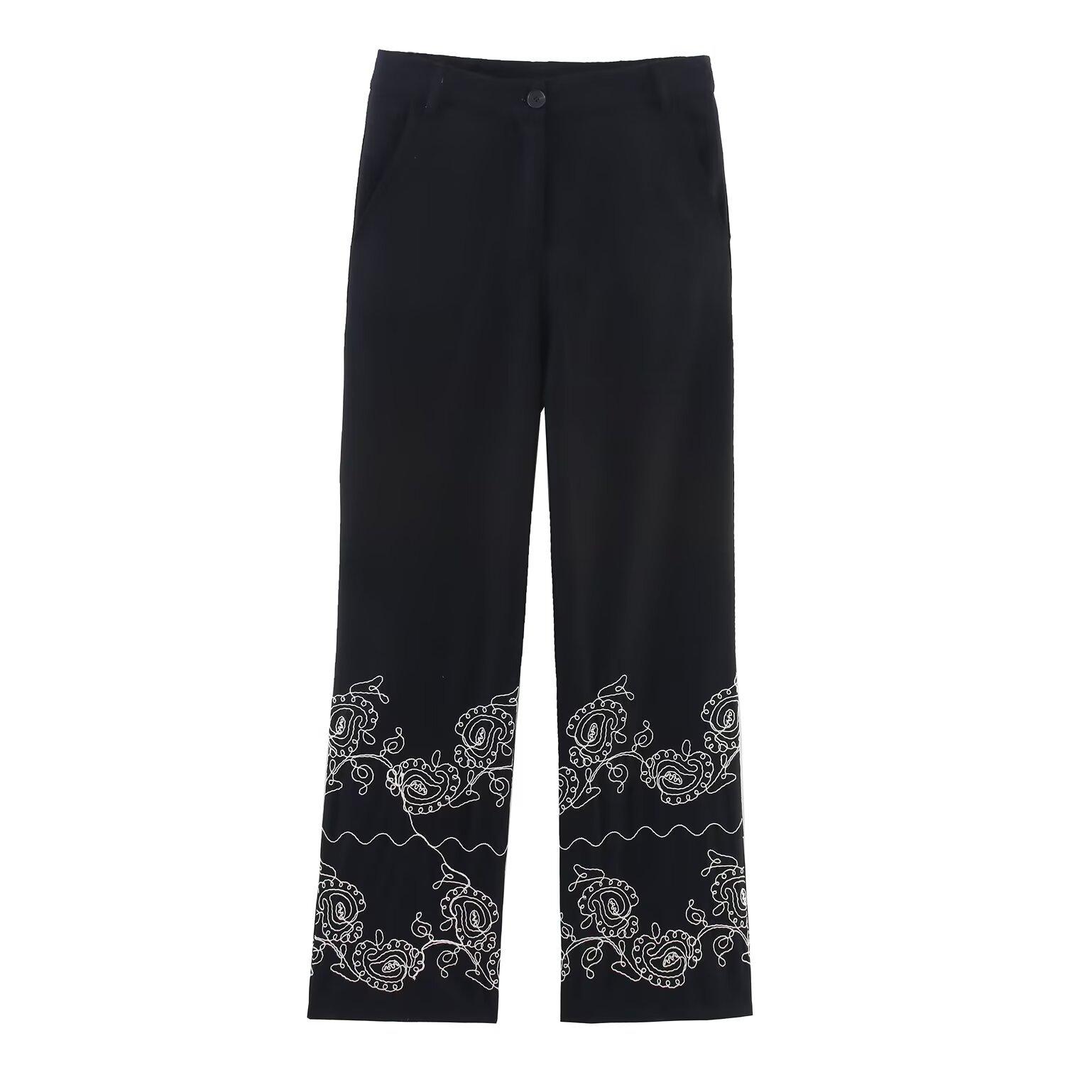 European and American style, new women s fashion, fashionable, casual, embroidered wide-leg pants 2731104 XS чёрный