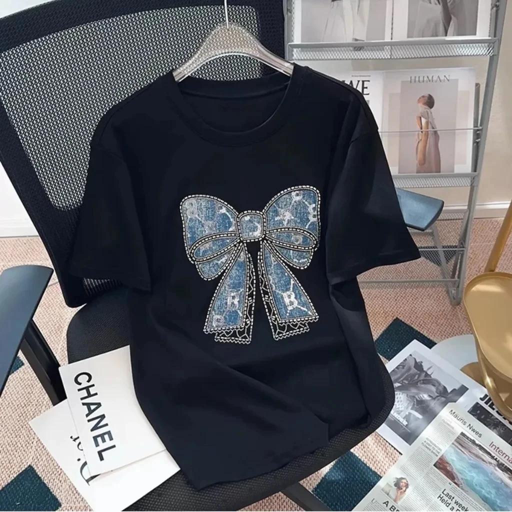 Korean Popular Bows Print T-Shirt Women Summer 2025 New Tee Casual Short Sleeve Y2k Top Elegant Ladies Printing Non-embroidery