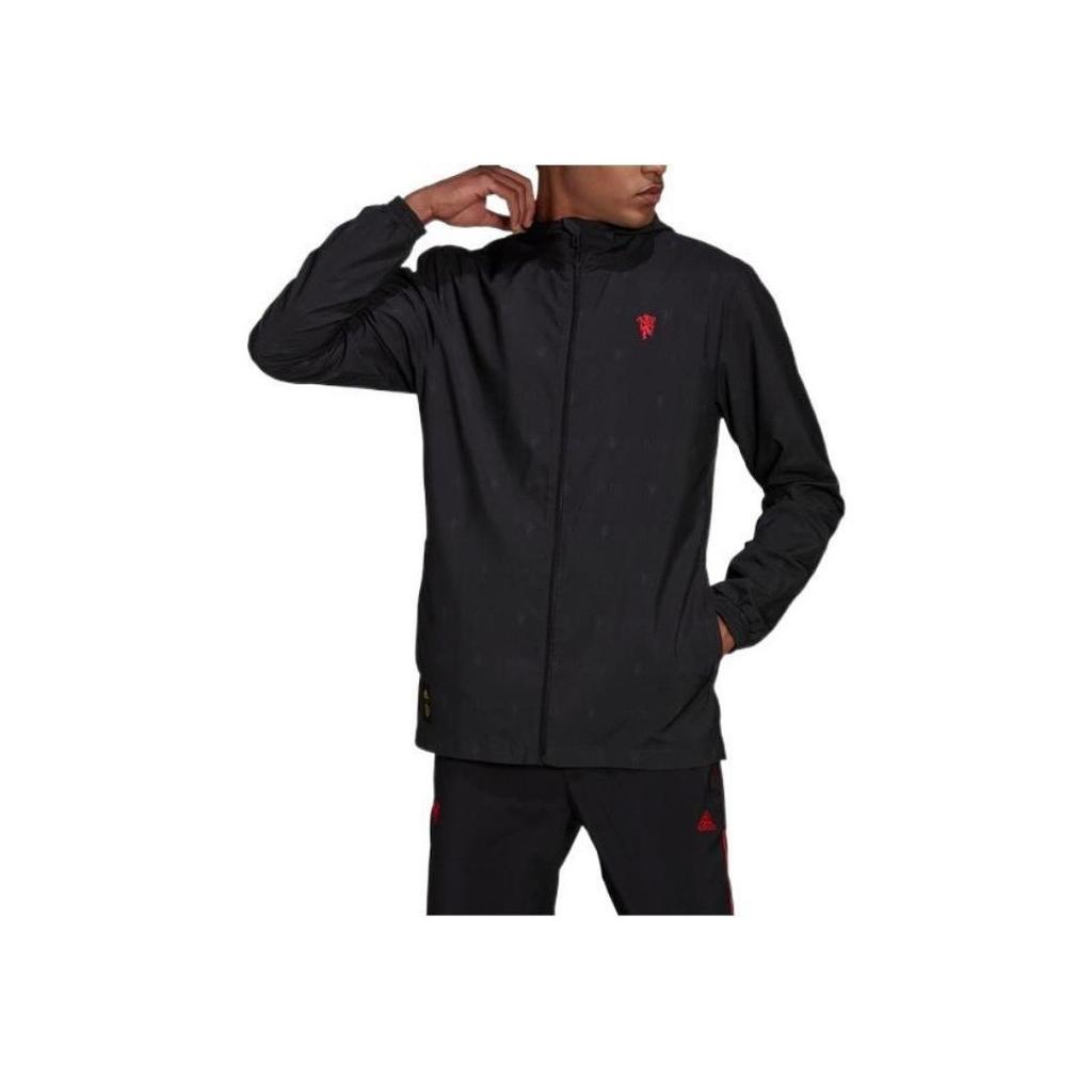 Adidas Manchester United Football Zip Hoodie Jacket with Embroidered Logo Men Tops Black H56689