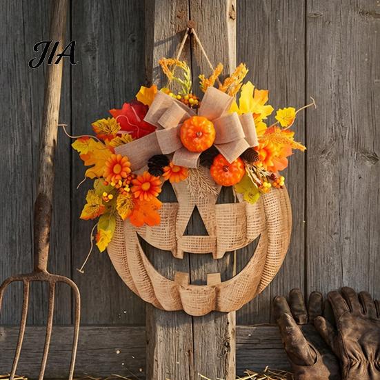 Festival Seasonal Ornament for Kitchen Wooden Pumpkin Halloween Door Sign with LED Lights, Artificial Floral Hanging Decorative Pinecones Fireplace