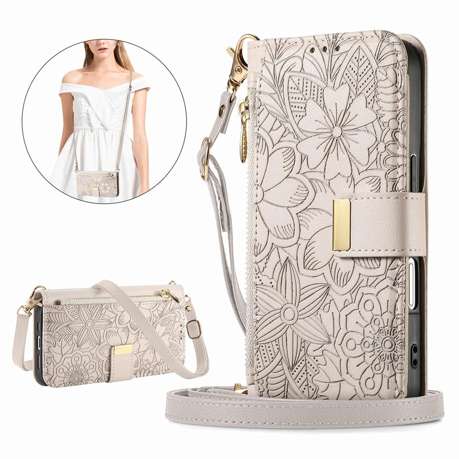 3-in-1 Crossbody Handyhülle aus PU-Leder mit floraler Prägung für OPPO/VIVO/Redmi 6 Kartenfächer + Reißverschluss-Münzfach + Ständer & Abnehmbarer langer Schultergurt