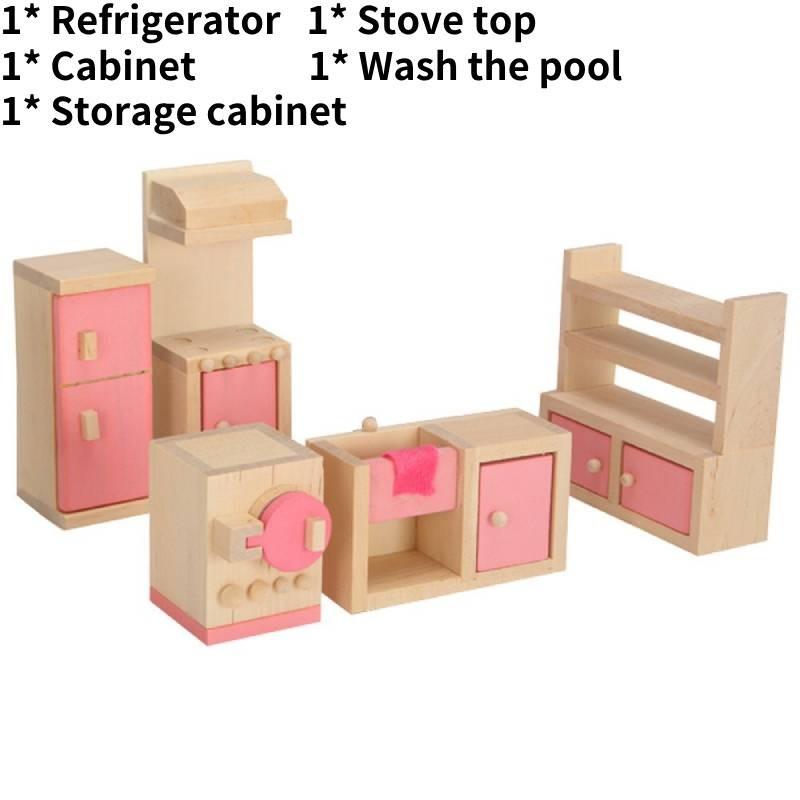 Entzückendes Holzpuppenhaus-Möbelset für Kinder mit farbenfrohen Schlafzimmer-, Küchen- und Wohnzimmer-Accessoires