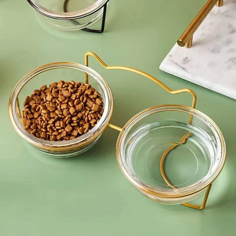 §Glass Cat Dog Bowl Puppy Food Bowl With Iron Frame Gold Stand Raised Water Feeder Bowl Pet Supplies Accessories