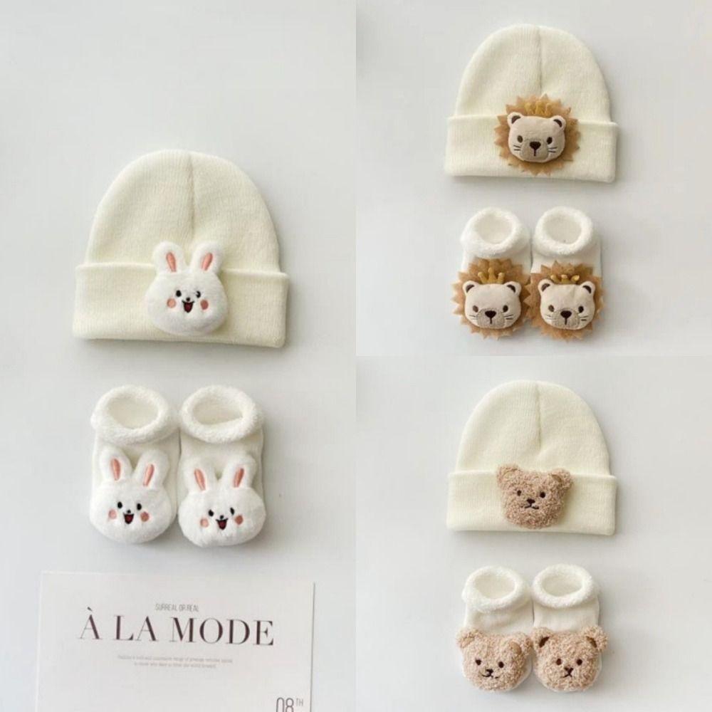 2PCS/Set Cartoon Baby Hat Socks Winter Knitted Newborn Short Socks New Pullover Hats Boy Girl