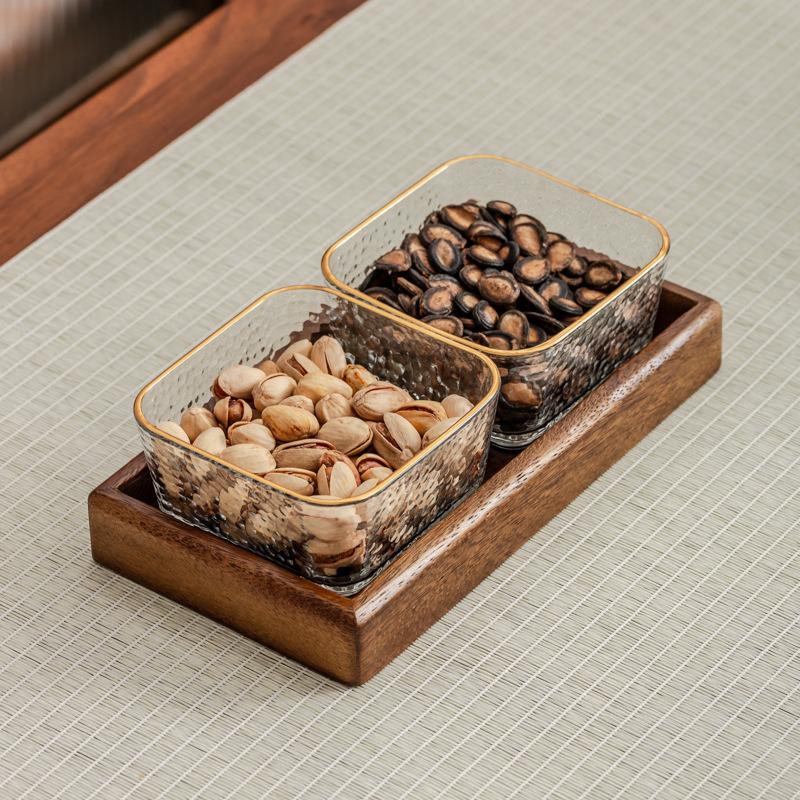 

Walnut Fruit Tray Snack Tray Household Divided Dry Fruit Inventory Candy Glass Bowl Tray Water Fruit Plate Dropshipping