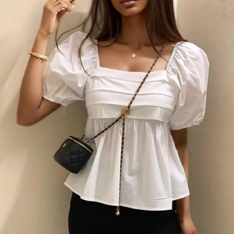 Elegant Square Neck Summer White Blouse Fashion Women New Puff Short Sleeve Shirt Ladies Sweet Tops 2026 Casual Simple Pleated Short Tops