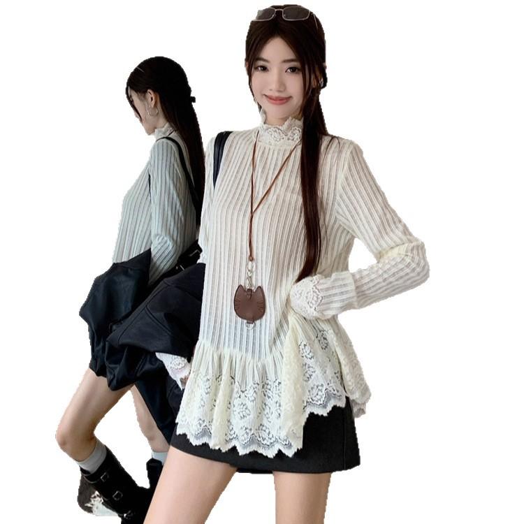 {Original cloth 90 cotton 10 anlon} Sweet lace loose T-shirt women's autumn design stacked shirt