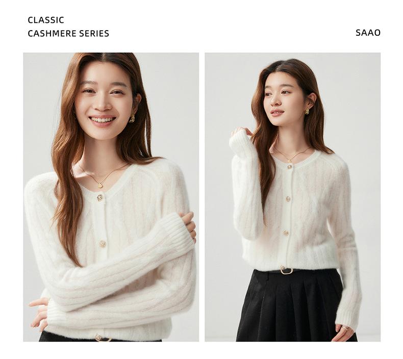 Women's Round Neck Button-Up Cardigan: 75% Cashmere, 25% Mulberry Silk, Cable Knit, Long Sleeve Sweater Coat