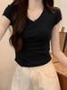 Korean shoulder v-neck short-sleeved t-shirt women's spring summer design feeling waist fold thin short Spice Girl top