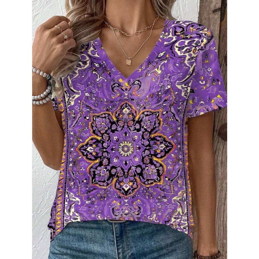 Damen Sommer T-Shirt Retro Muster Print Kurzarm T-Shirts Lässige Bedruckte Tops