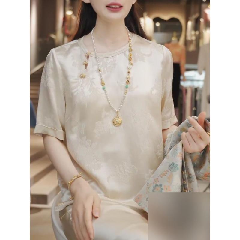 Retro flower-themed pullover round neck short-sleeved T-shirt women's summer versatile tide