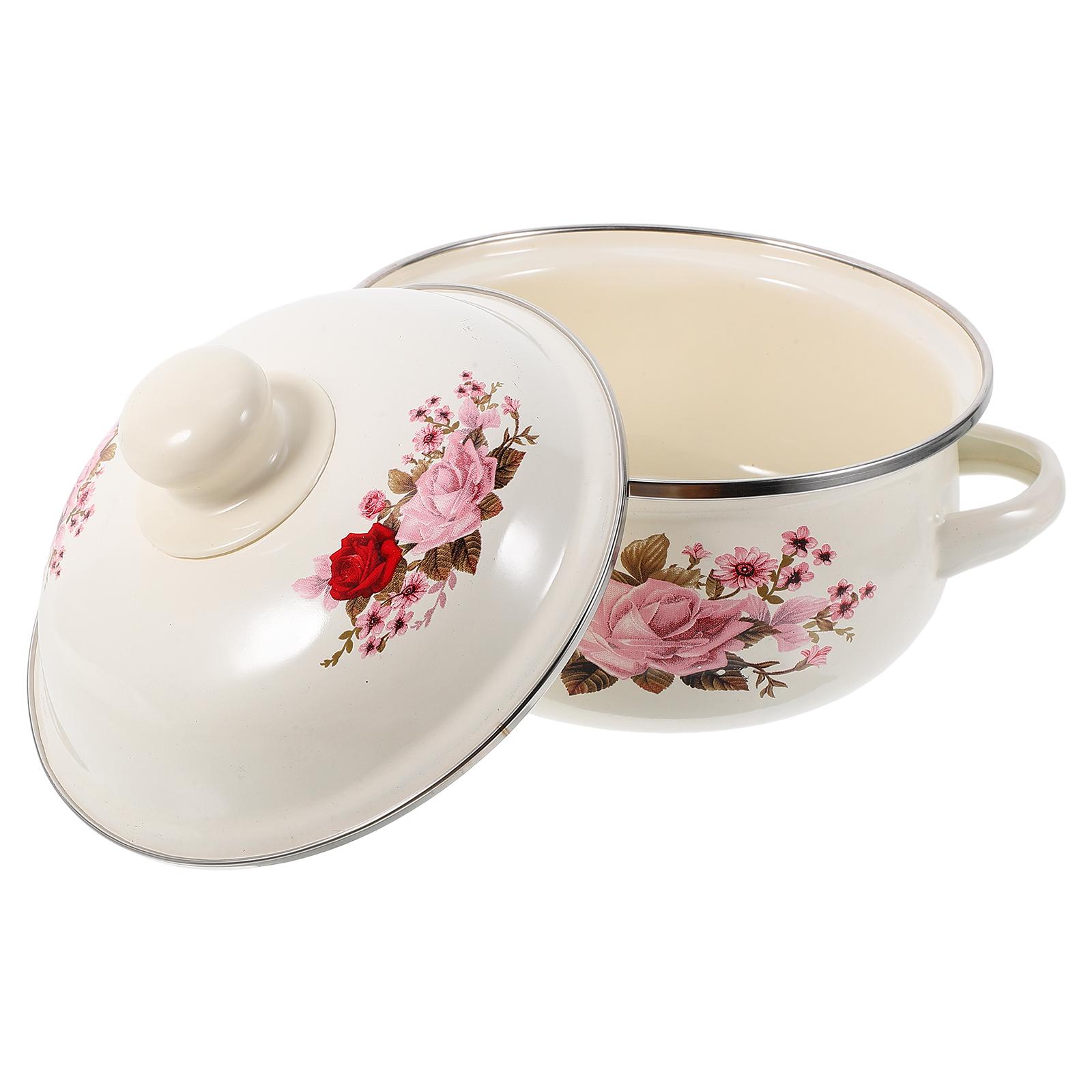 

Enamel Soup Pot Stock Stew Chinese Bowls with Lid Ramen Kitchen Stockpot Pans for Cooking Cute