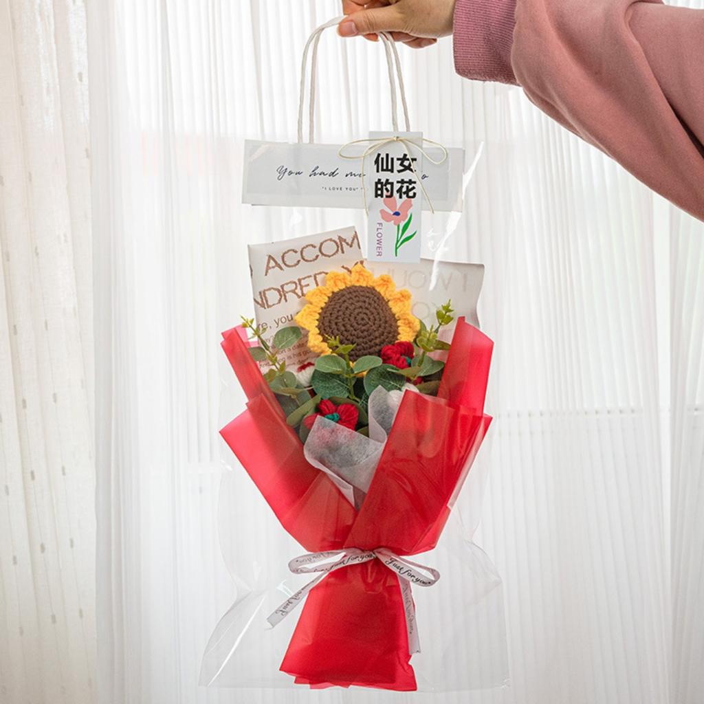 Hand-Knitted Sunflower & Rose Bouquet - with LED Lights & Gift Bag Thanksgiving Gift