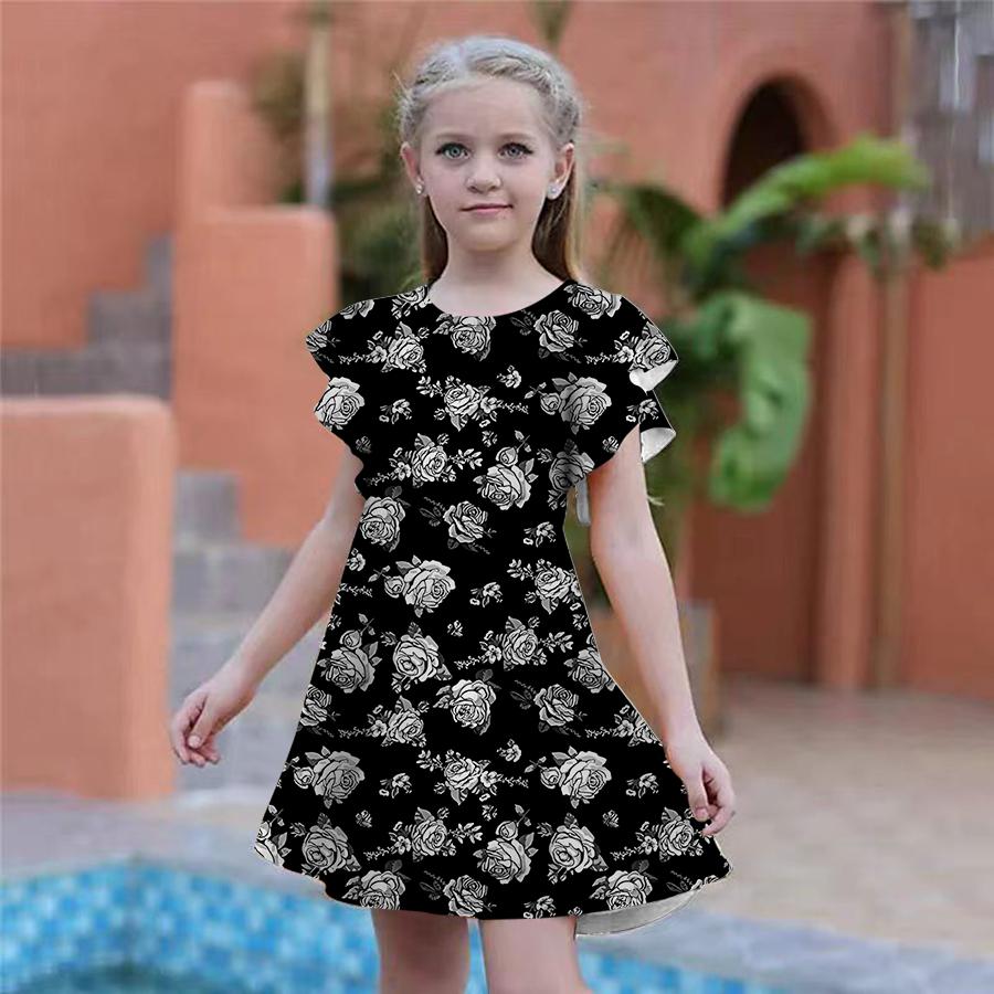 Dívčí šaty s potiskem žluté růže Dětské Dívčí společenské šaty Volný střih Volný střih sukně s krátkým rukávem pro dívky starší čtyř let