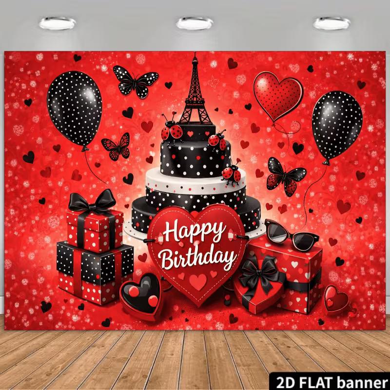 2D Birthday Photography Background, French Paris & Ladybug Themed Party Backdrop Banner