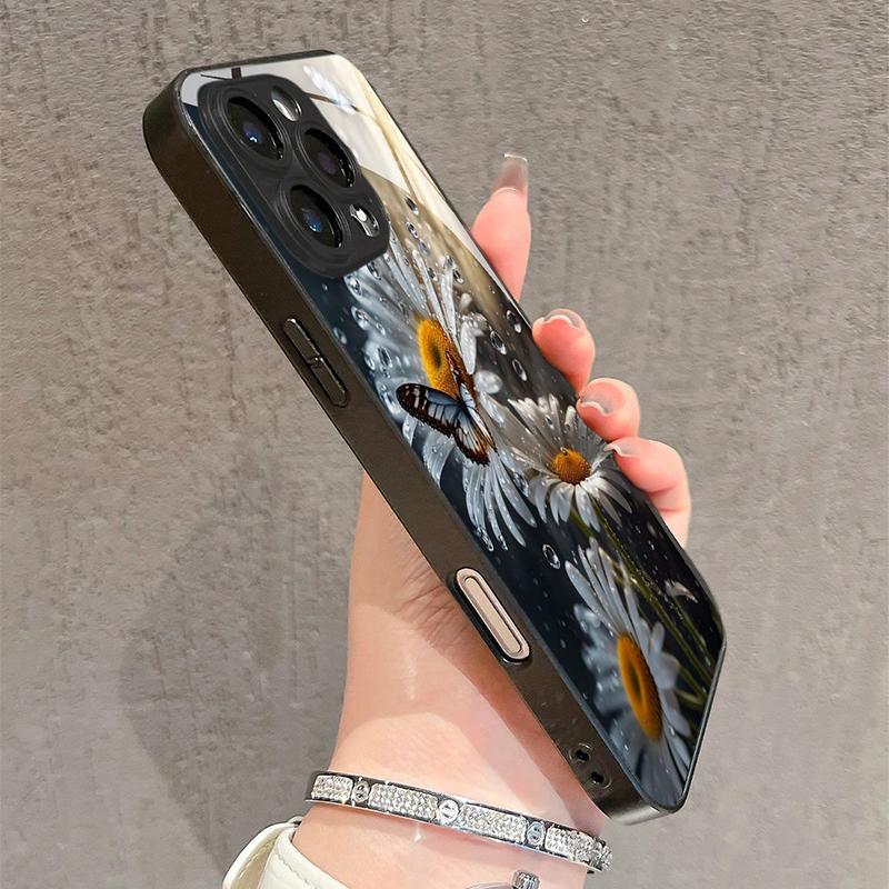 White Daisy Flower Butterfly Pattern Tempered Glass Phone Case For iPhone 16 17 15 14 13 12 11 Pro Max 16E 7 Plus XR XS X Cover
