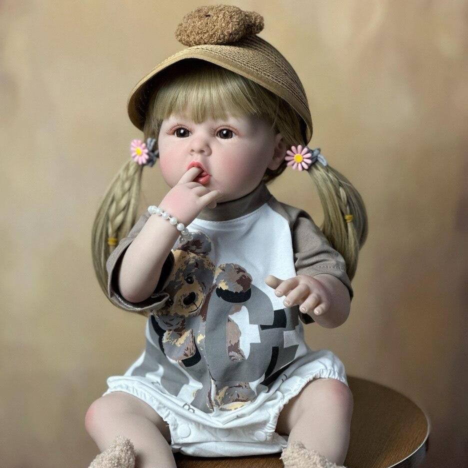 Realistischer Vollsilikonkörper, 55 cm, 22 Zoll, wiedergeborenes Baby, Mädchenpuppe mit blonden langen Haaren, Prinzessin, Kleinkind, Bebe, Weihnachtsgeschenk