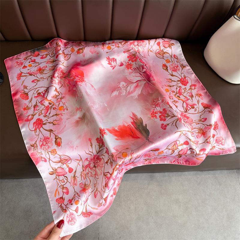 Spring Summer Fashion Luxury 70Cm Square Women Silk Scarf Flower Print Designer Scarves Shawl Bandana Hijab Neckerchief