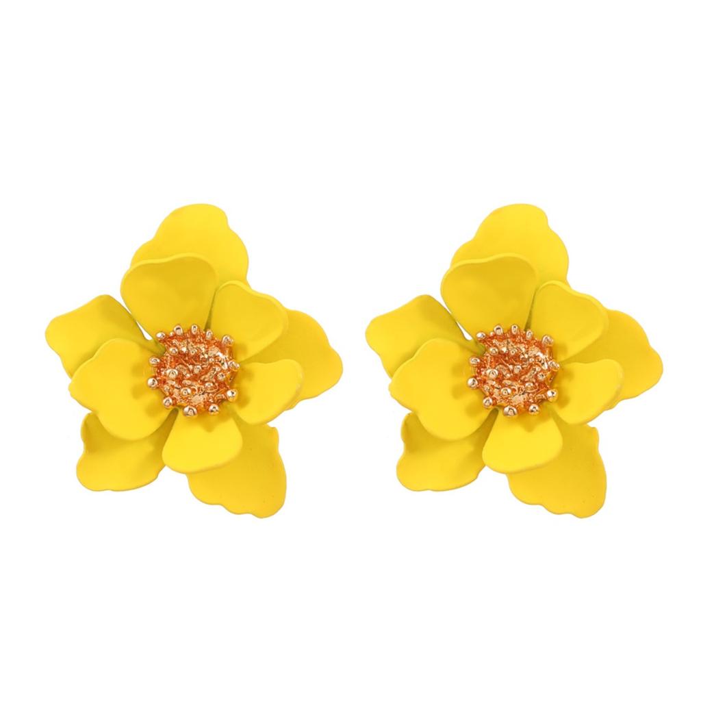 Matte Pink Layered Flower Stud Earrings Sparkly Bead Center Three Dimensional Floral Ear Jewelry for Women Summer Daily Wear