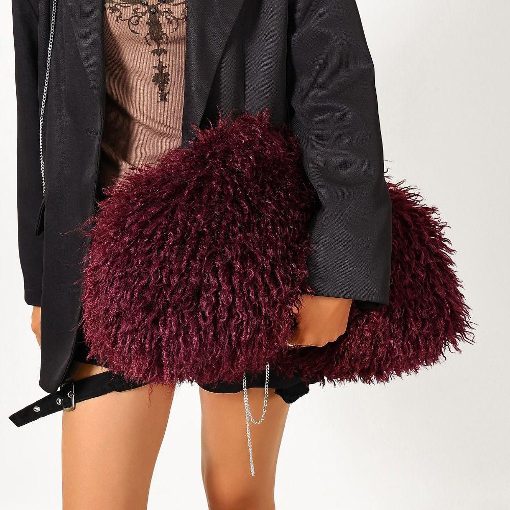 Y2k Kiss Lock Clutch Bag Portable Faux Fur Purse Retro Banquet Bag Daily