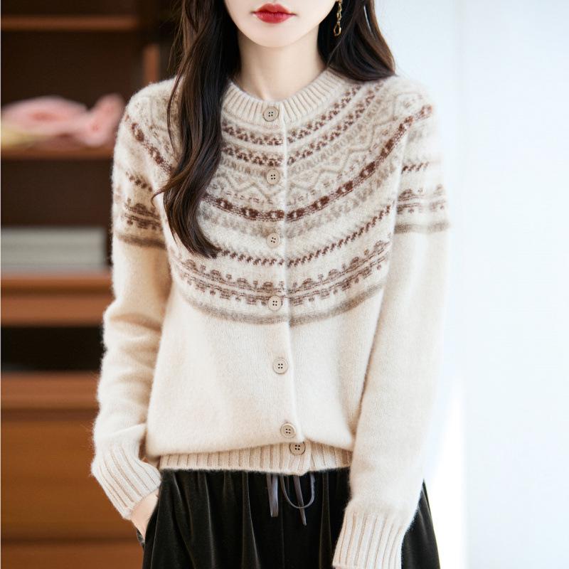 Women's Fair Isle Wool Cardigan - Short, Round Neck, Loose Fit, Korean Style Cashmere Knit for Autumn & Winter