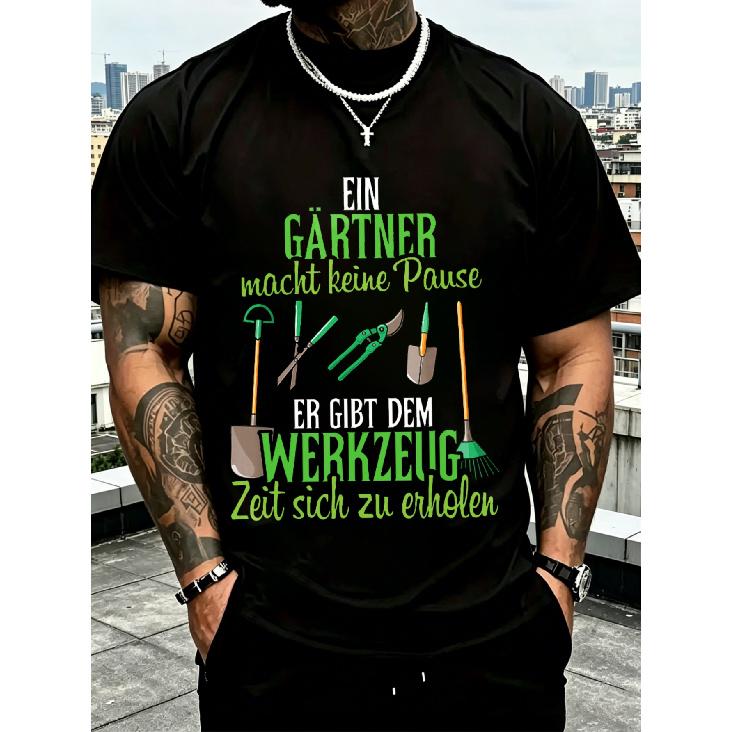 Men's Black Short Sleeve T-Shirt with German Gardener Humor Graphic, Relaxed Fit, Soft Cotton Feel, Crew Neck, Casual Wear for Garden Lovers