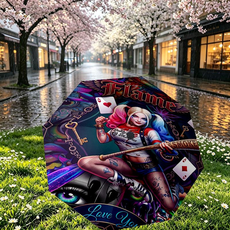 Custom Name Personalized Harley Quinn Print Umbrella, Auto Open Close, 8‑Rib Sturdy Frame, Commute Camping Hiking Use, Birthday Gift